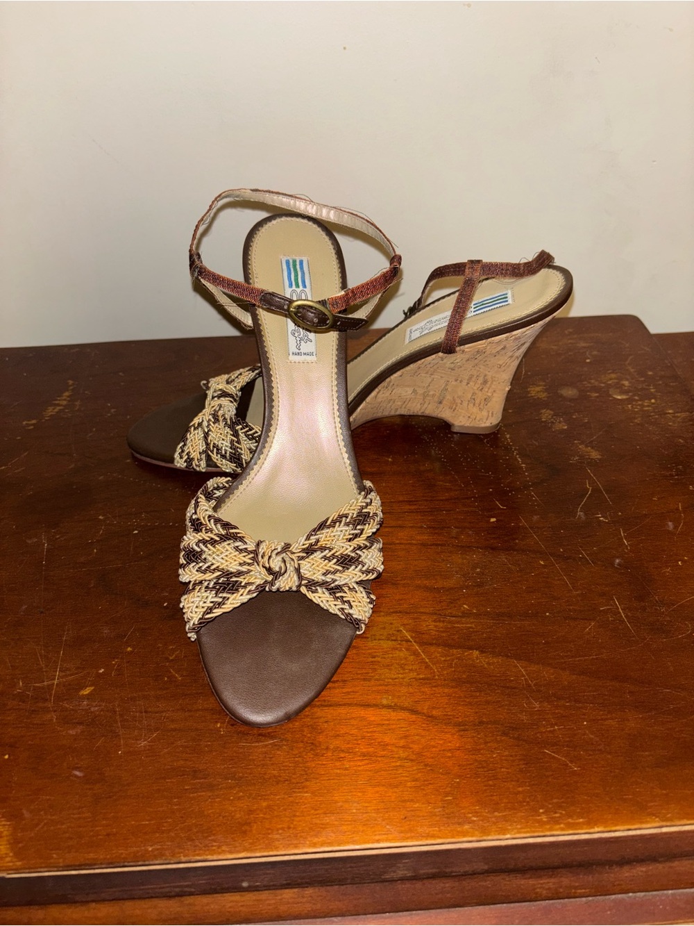 Arnold Churgin Leather Brown Braided Bow Wedge Sandals with Ankle Strap-Size 10M